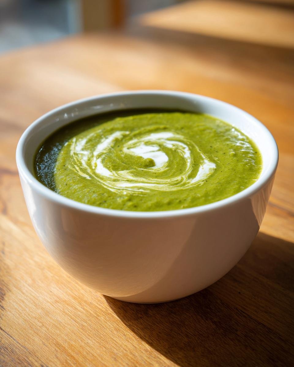 Nahaufnahme einer Cremige Brokkolisuppe Mit Käse Und Kartoffeln, verziert mit einem Sahnewirbel in einer weißen Schüssel.