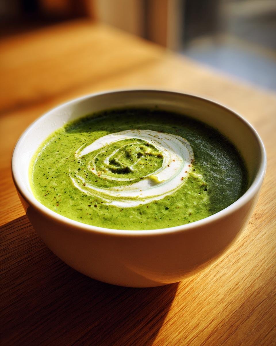Nahaufnahme einer leuchtend grünen Cremige Brokkolisuppe Mit Käse Und Kartoffeln, garniert mit einem Sahnewirbel.