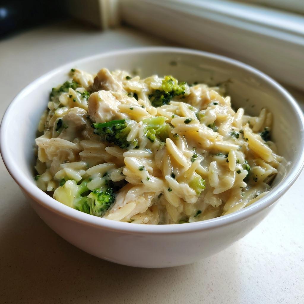 Eine weiße Schüssel gefüllt mit Cremige Hähnchen-Brokkoli-Orzo, bedeckt mit cremiger Soße und grünen Brokkoliröschen.