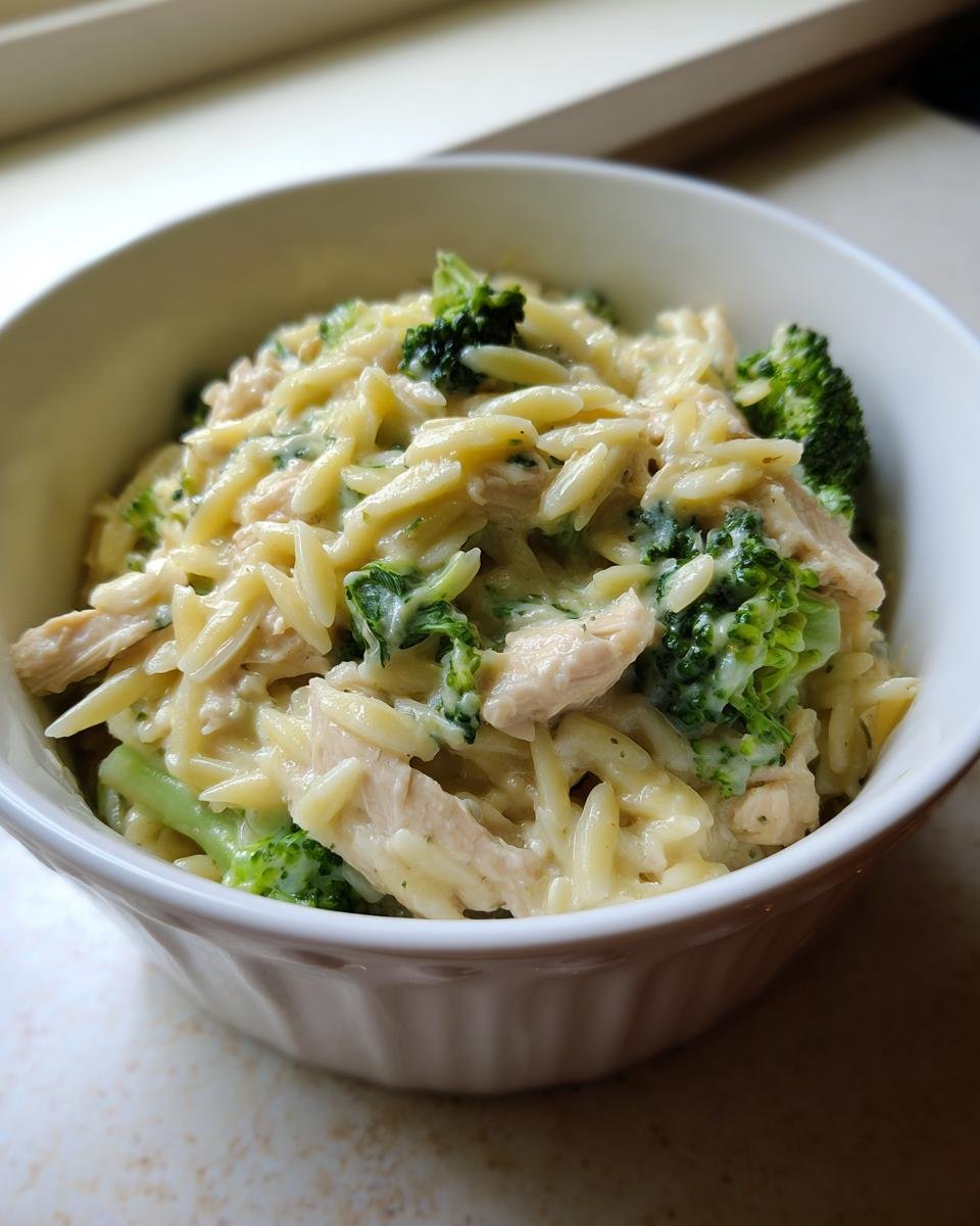 Nahaufnahme von Cremige Hähnchen-Brokkoli-Orzo mit Hähnchenstücken und Brokkoli in einer cremigen Soße.