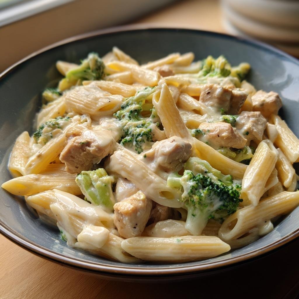 Nahaufnahme einer Schüssel Cremige Hähnchen-Brokkoli-Pasta mit Penne, Hähnchenstücken und leuchtend grünem Brokkoli in cremiger Soße.