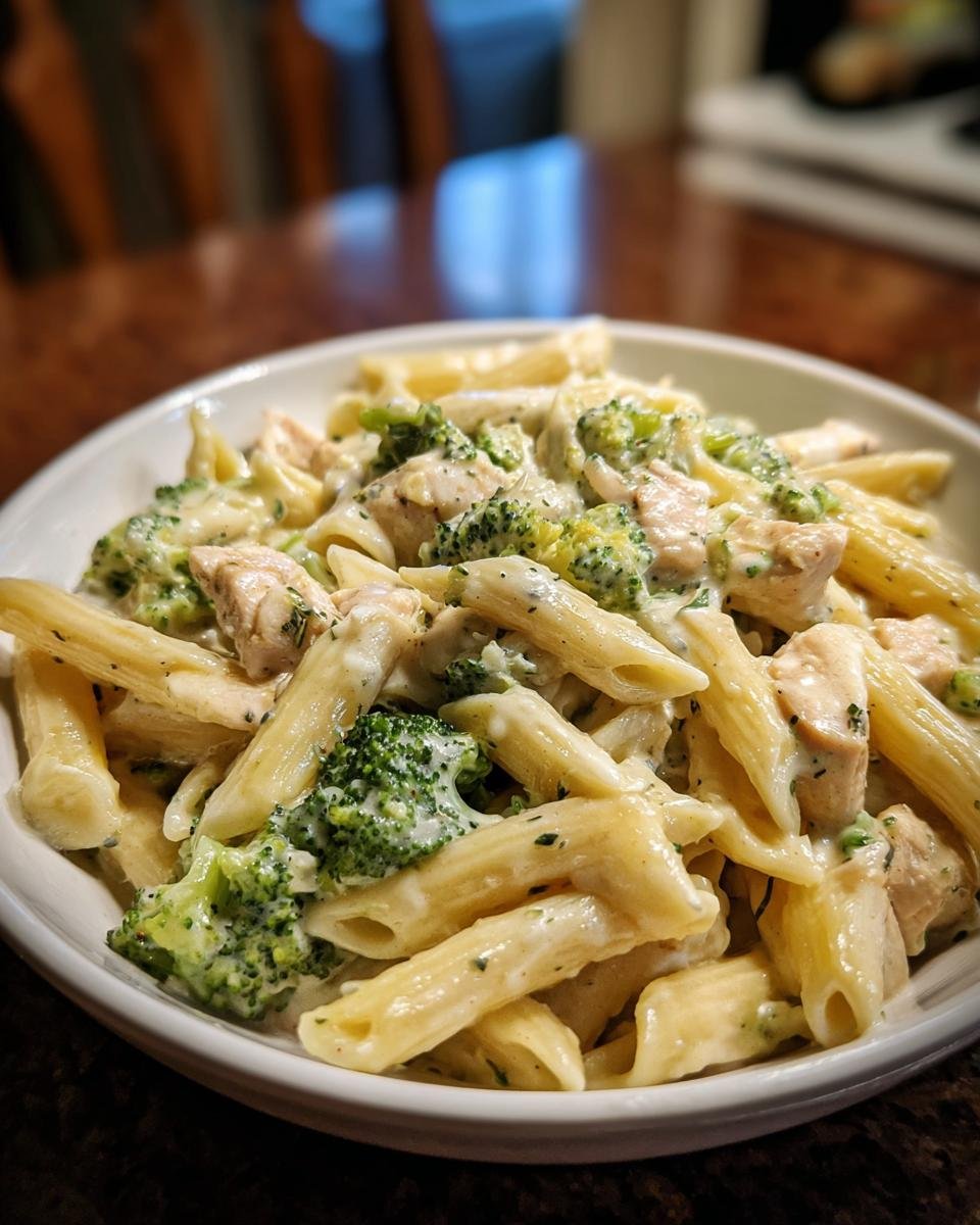 Nahaufnahme einer Schüssel mit Cremige Hähnchen-Brokkoli-Pasta in einer cremigen weißen Soße.