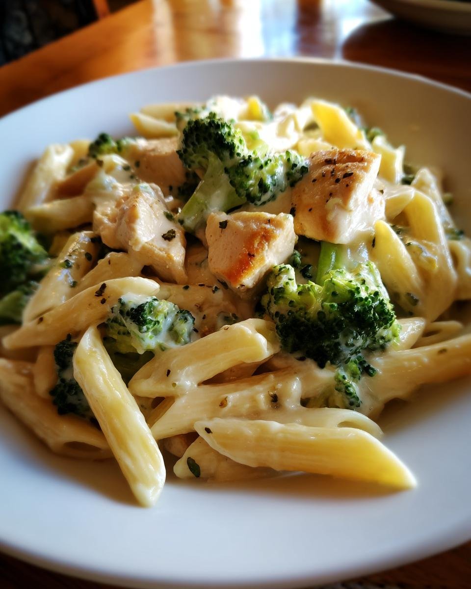 Nahaufnahme einer Schüssel mit Cremige Hähnchen-Brokkoli-Pasta, Penne-Nudeln, Hähnchenstücken und Brokkoli in cremiger Soße.
