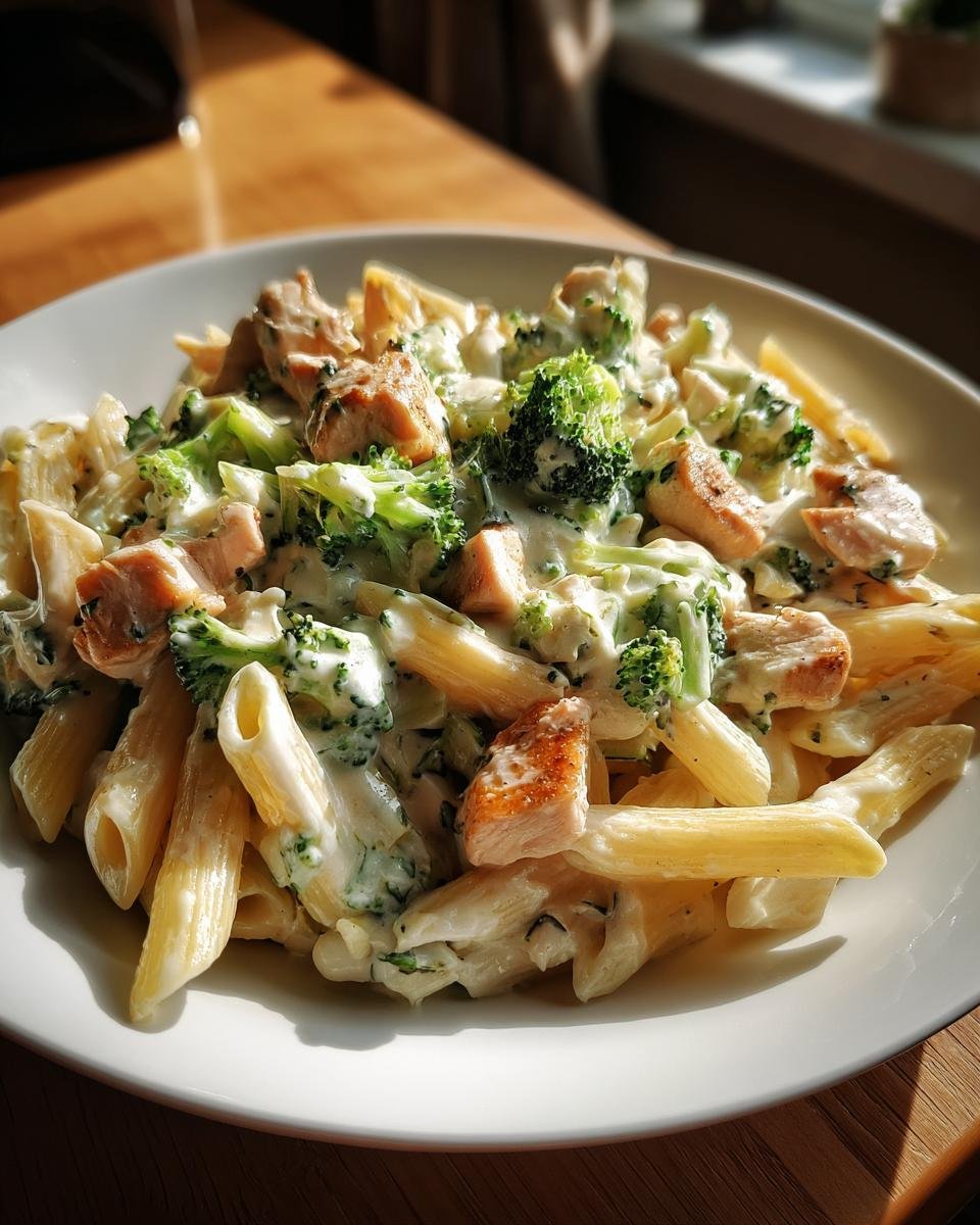 Nahaufnahme von Cremige Hähnchen-Brokkoli-Pasta mit Penne, Hähnchenstücken und Brokkoli in cremiger Soße.
