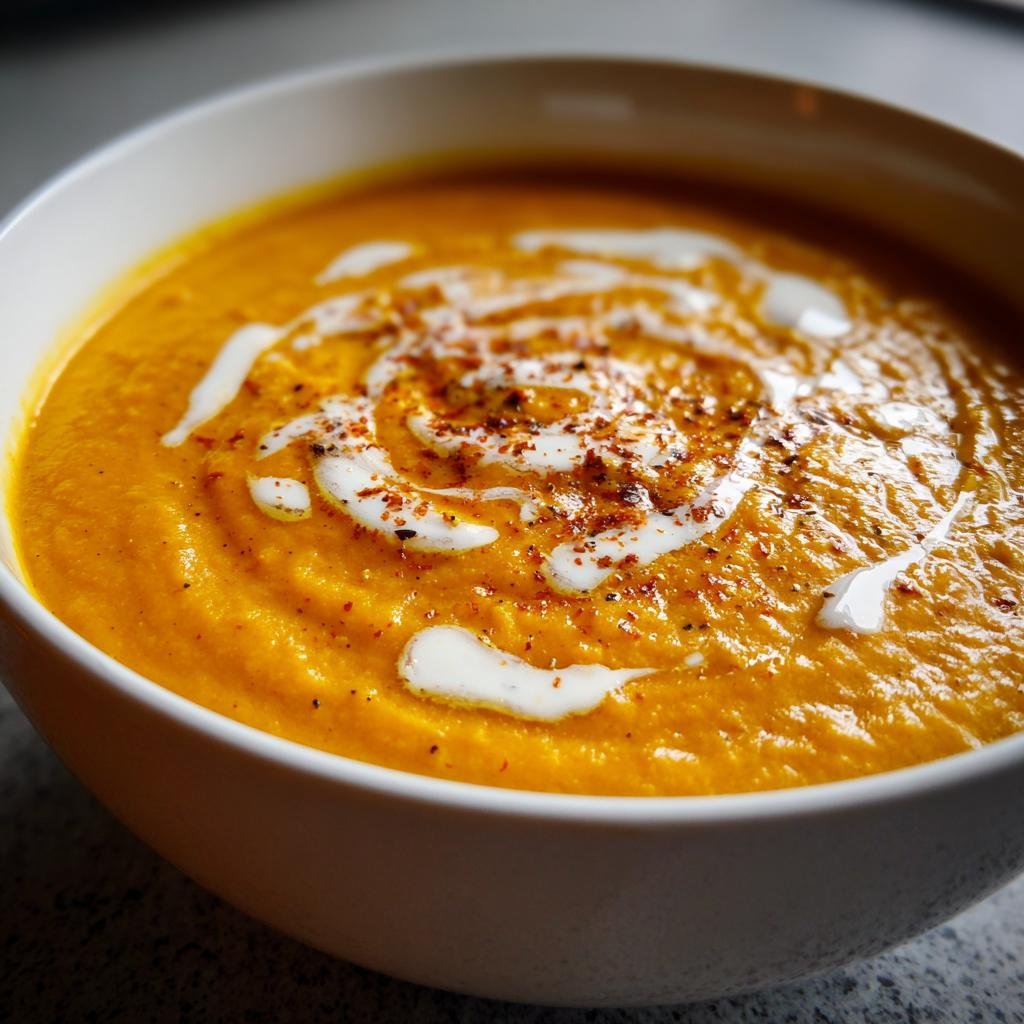 Nahaufnahme einer cremigen, leuchtend orangefarbenen Kürbissuppe, verziert mit einem Sahnewirbel und Gewürzen.