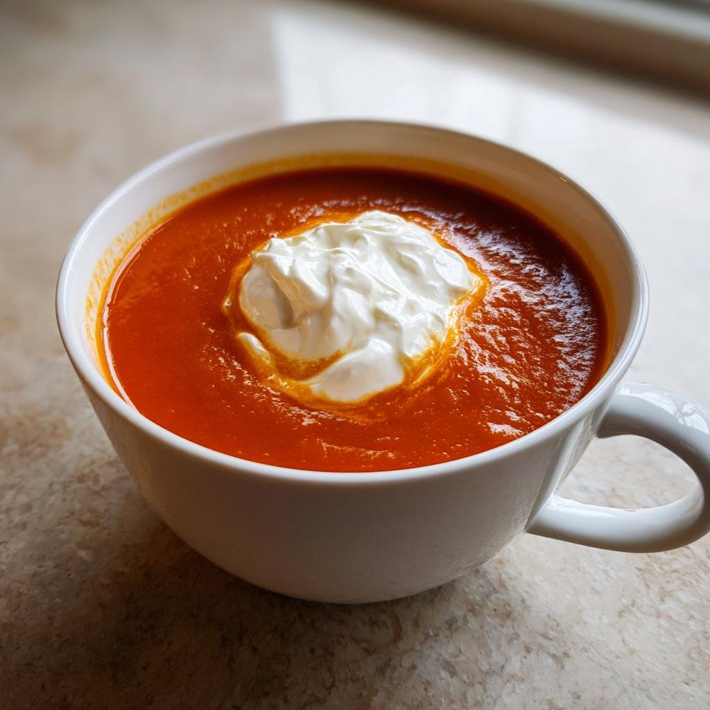 Nahaufnahme einer leuchtend orangefarbenen Suppe, garniert mit einem großen Klecks weißer Crème fraîche, die zeigt, was man "Das konnte ich jede Woche essen" könnte.