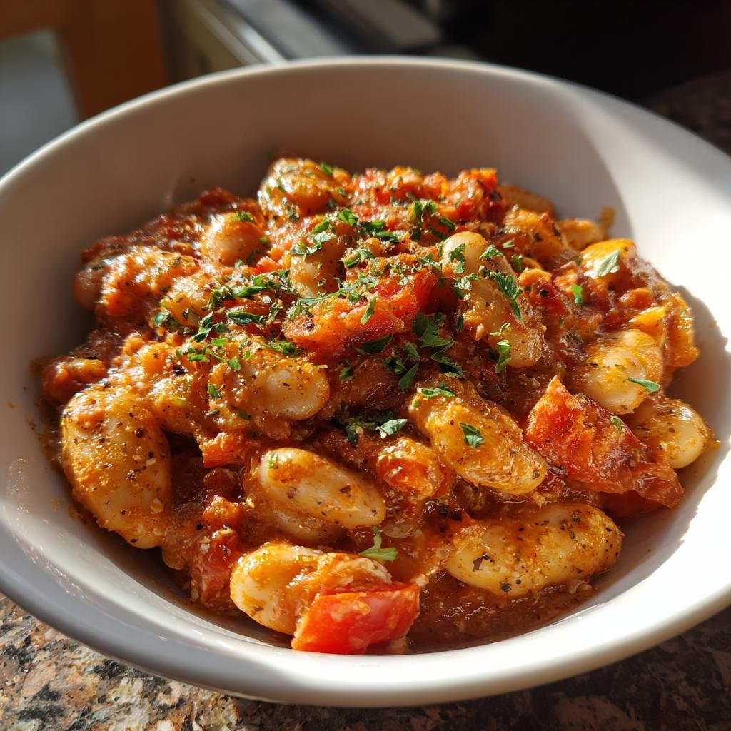 Nahaufnahme einer Cremige Tomaten-Bohnen-Pfanne mit weißen Bohnen in cremiger Tomatensauce, garniert mit Petersilie.
