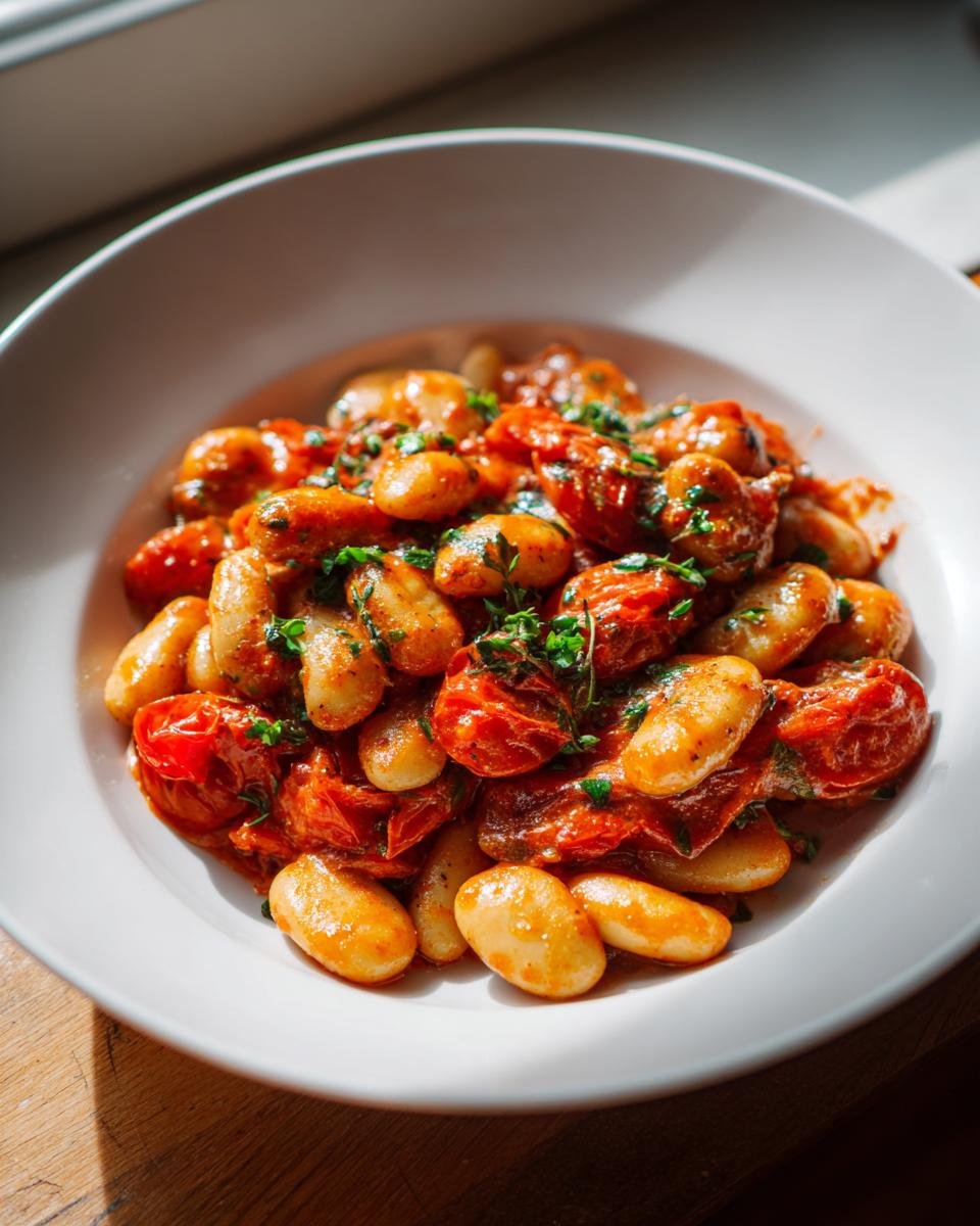Nahaufnahme einer Cremige Tomaten-Bohnen-Pfanne mit großen weißen Bohnen und gebratenen Kirschtomaten, garniert mit frischen Kräutern.