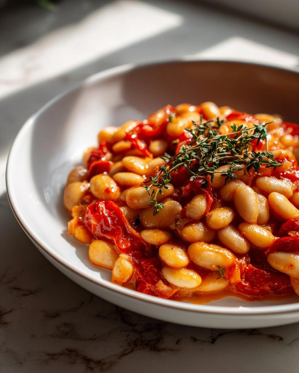 Nahaufnahme einer Cremige Tomaten-Bohnen-Pfanne mit weißen Bohnen und Tomaten, garniert mit Thymian.