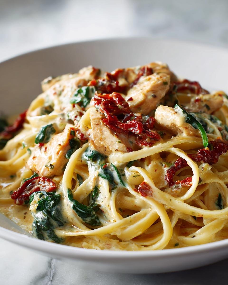 Nahaufnahme von Cremige toskanische Hähnchenpasta mit Fettuccine, Hähnchenstücken, Spinat und getrockneten Tomaten in cremiger Soße.