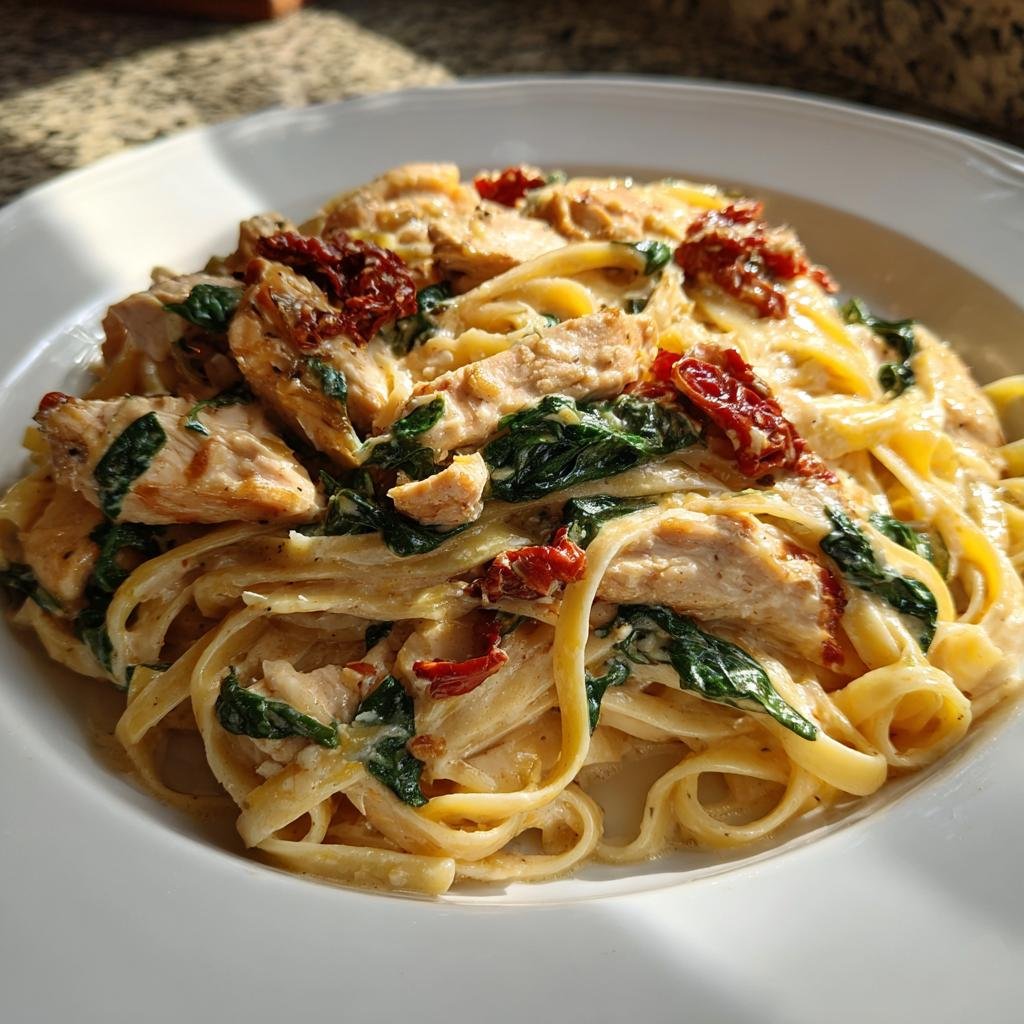 Nahaufnahme von Cremige toskanische Hähnchenpasta mit Fettuccine, Hähnchenstücken, Spinat und getrockneten Tomaten in cremiger Sauce.