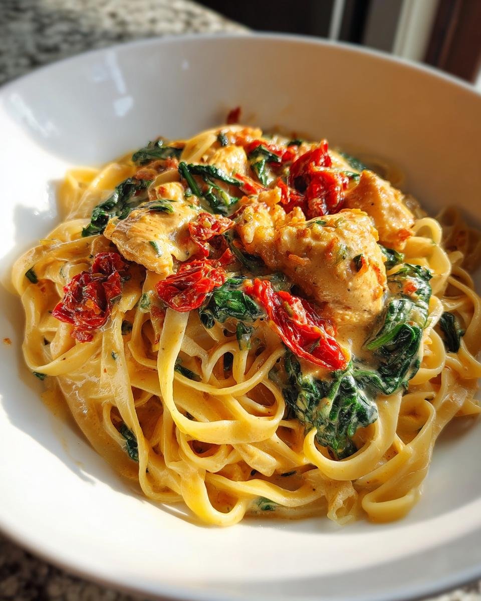 Nahaufnahme von Cremige toskanische Hähnchenpasta mit Fettuccine, Hähnchenstücken, Spinat und getrockneten Tomaten in cremiger Soße.