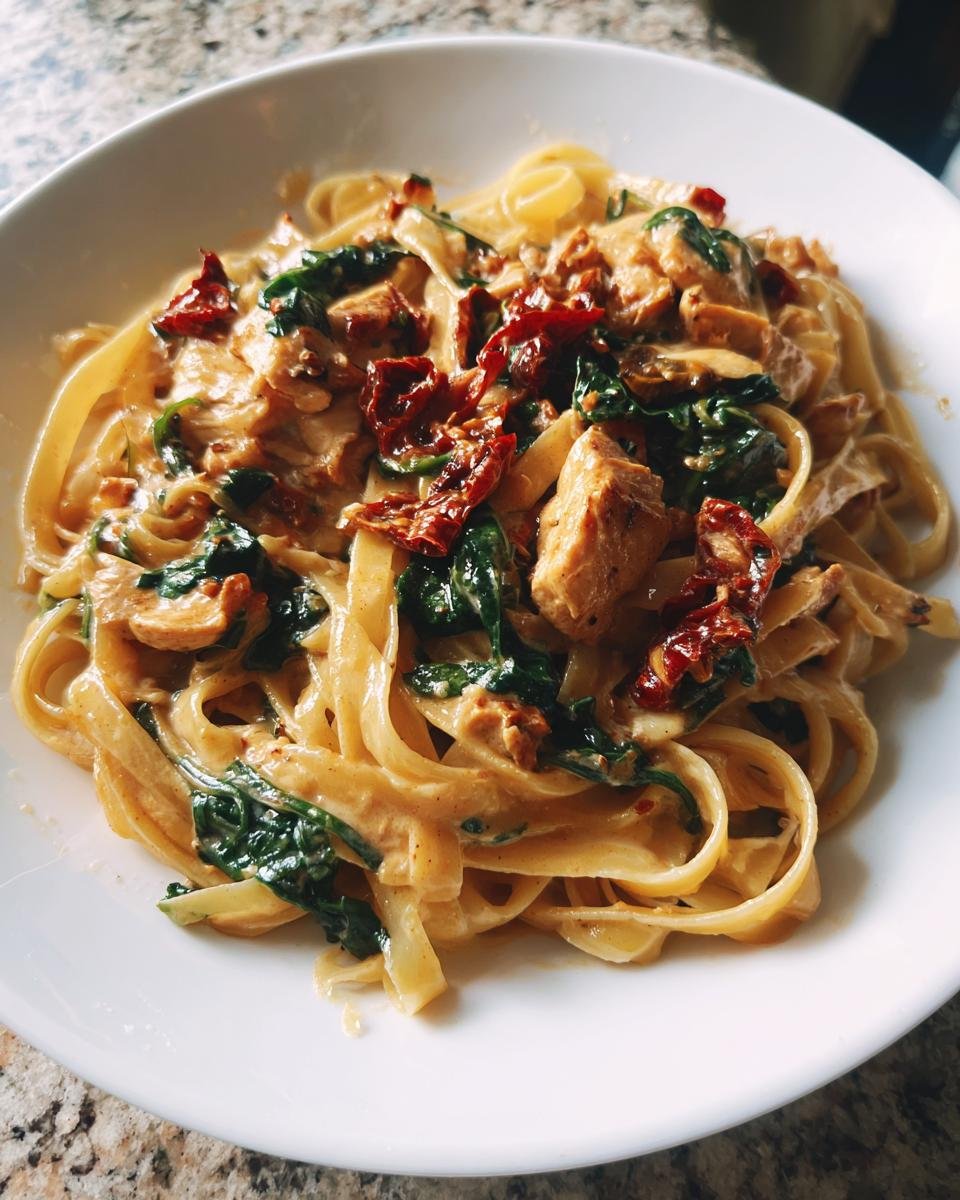 Nahaufnahme von Cremige toskanische Hähnchenpasta mit Fettuccine, Hähnchenstücken, Spinat und getrockneten Tomaten in einer cremigen Soße.