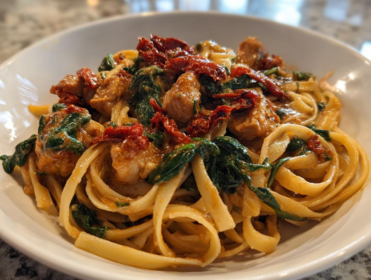 Nahaufnahme von Cremige toskanische Hähnchenpasta mit Linguine, Hähnchenstücken, Spinat und getrockneten Tomaten.