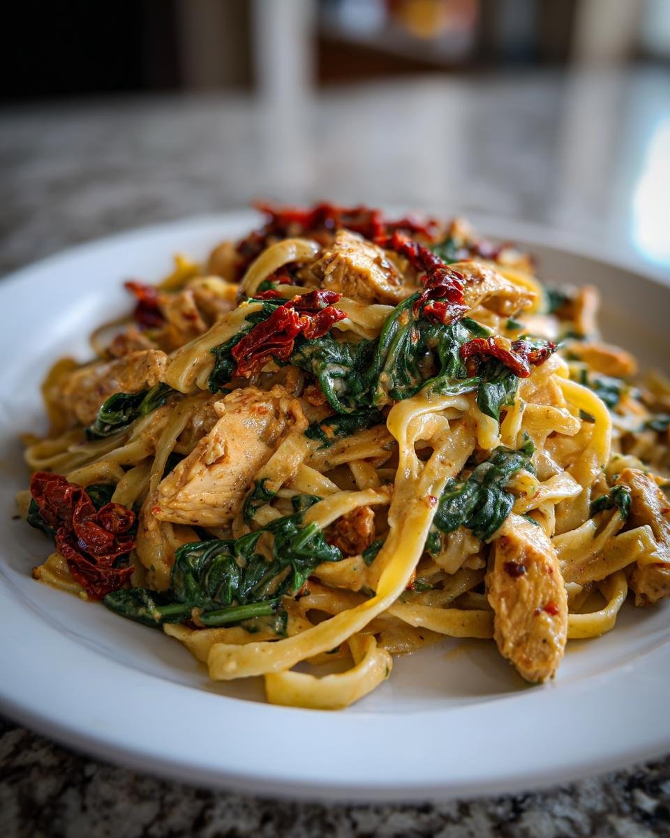 Nahaufnahme von Cremige toskanische Hähnchenpasta mit Fettuccine, Hähnchenstücken, Spinat und getrockneten Tomaten auf einem weißen Teller.