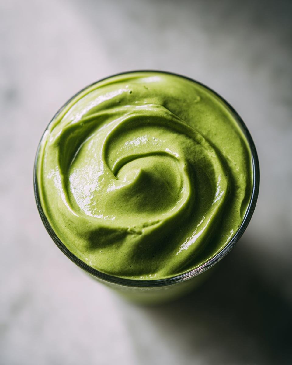 Nahaufnahme eines dicken, grünen SUPERDRINK ZUM ABNEHMEN mit einer wirbelnden Textur in einem Glas.
