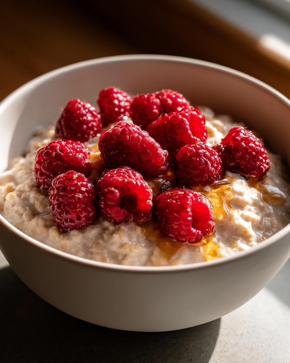 Nahaufnahme von Cremiger Haferbrei mit Himbeeren und Honig in einer weißen Schüssel.