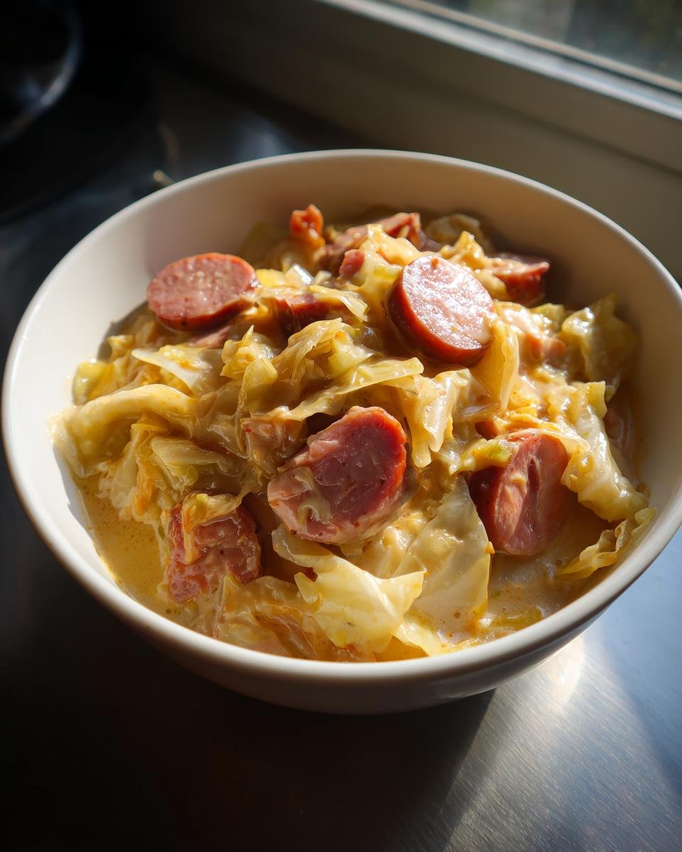 Nahaufnahme des Cremiger Kohl-Wurst-Eintopf mit Wurstscheiben in einer weißen Schüssel.