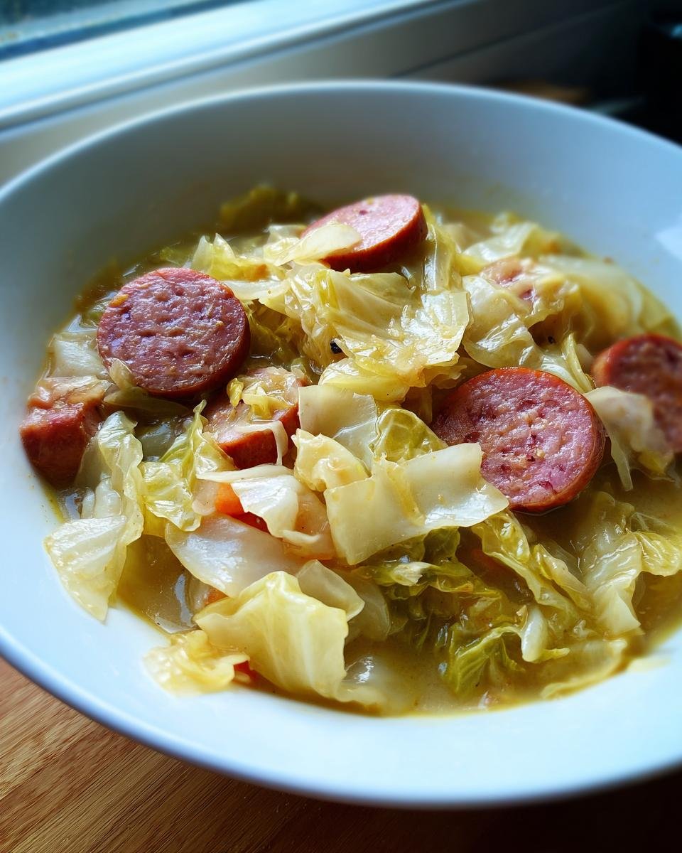 Nahaufnahme eines Cremiger Kohl-Wurst-Eintopf mit Kohlstücken und Wurstscheiben in einer weißen Schüssel.