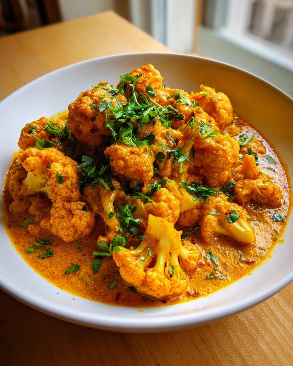 Nahaufnahme von Cremiges Blumenkohl-Curry mit viel frischer Petersilie in einer weißen Schüssel.