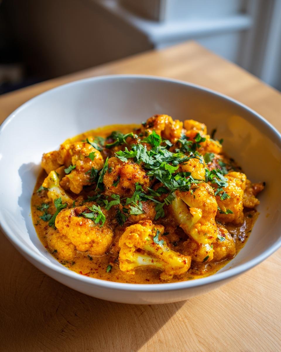 Nahaufnahme von Cremiges Blumenkohl-Curry mit Blumenkohlröschen in cremiger, gelber Sauce, garniert mit frischer Petersilie.