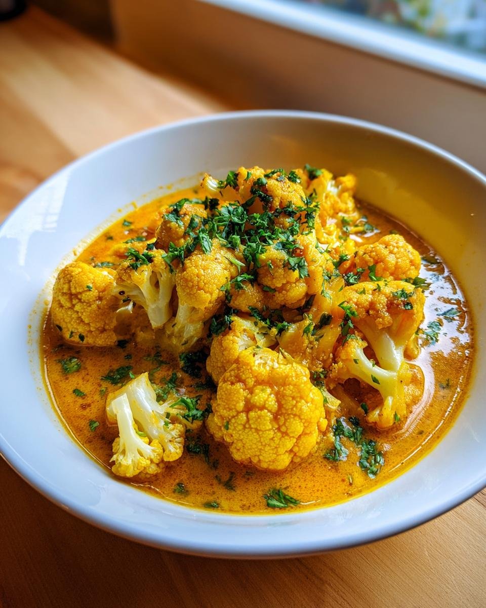 Nahaufnahme eines Cremiges Blumenkohl-Curry mit großen Röschen in einer cremigen, gelb-orangen Sauce, garniert mit frischer Petersilie.