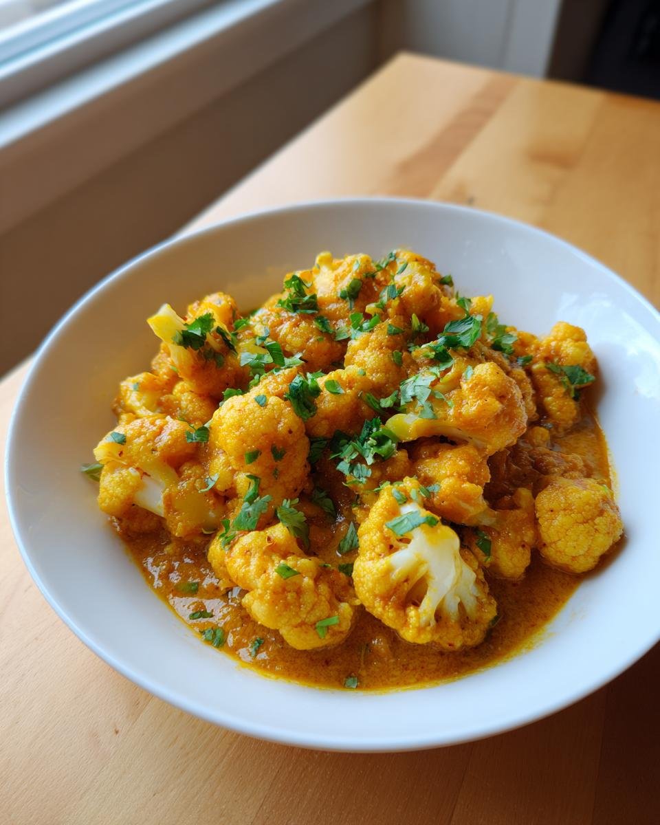 Nahaufnahme von Cremiges Blumenkohl-Curry mit frischer Petersilie in einer weißen Schale auf einem Holztisch.