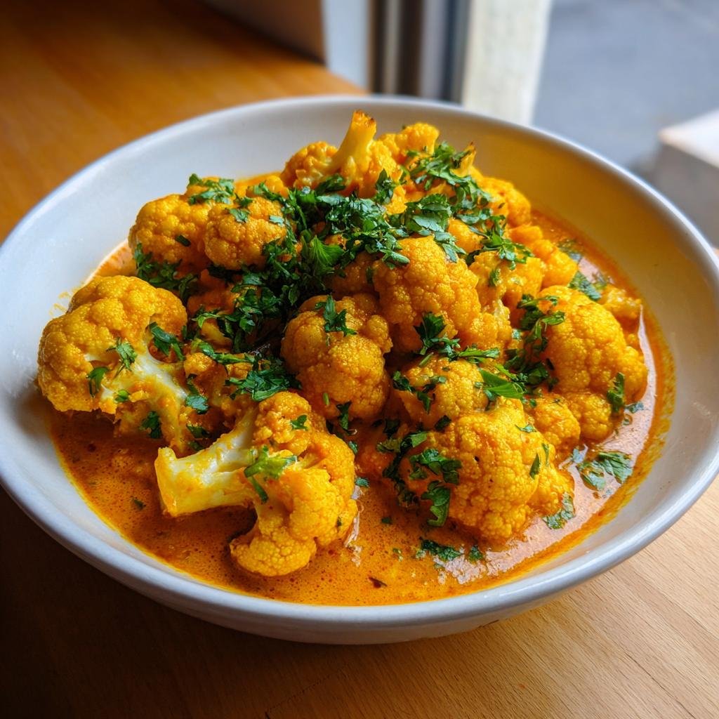 Nahaufnahme eines cremigen Blumenkohl-Curry mit leuchtend gelben Röschen in einer orangefarbenen Sauce, garniert mit frischer Petersilie.