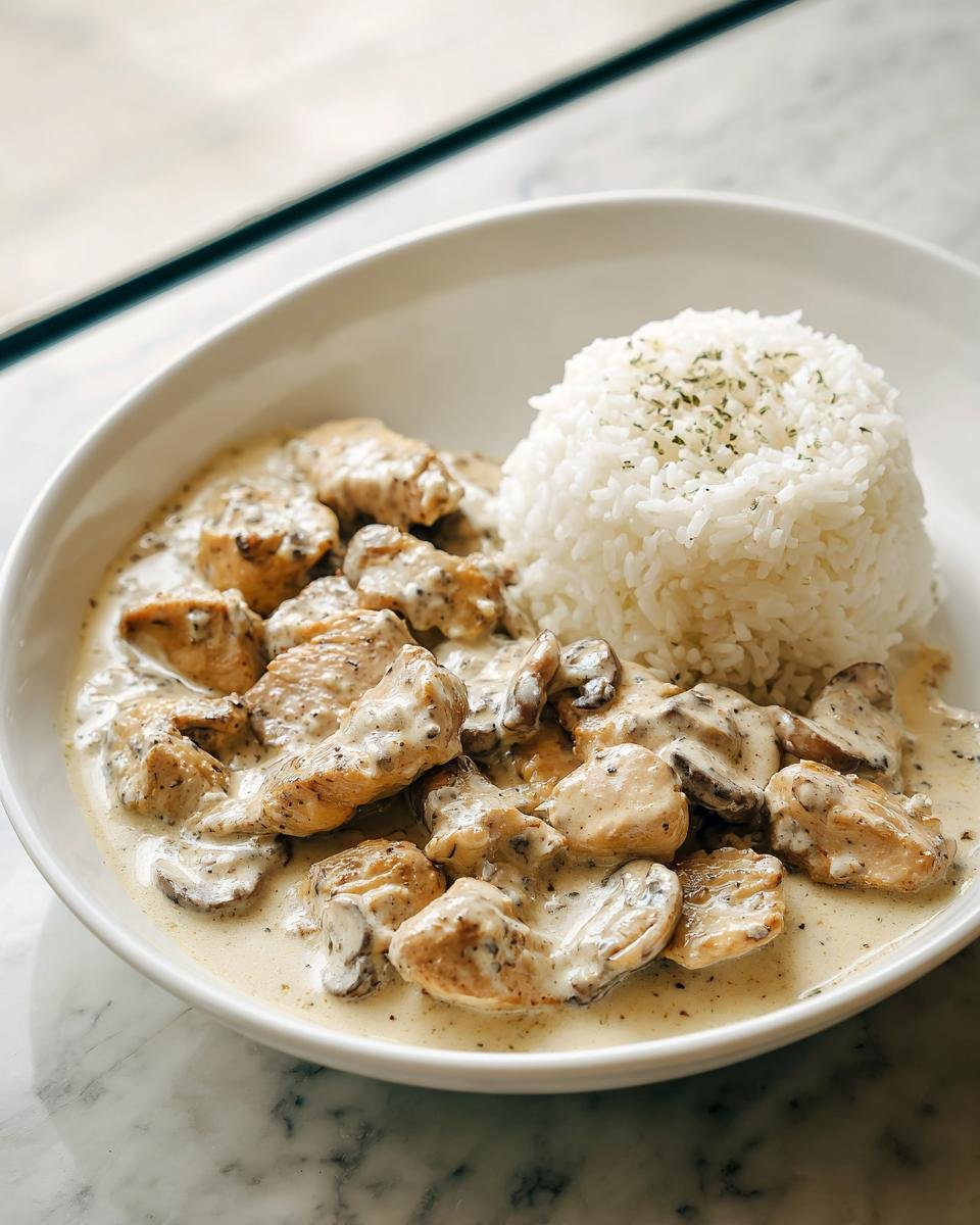 Ein Teller mit Cremiges Hähnchen mit Reis, bestehend aus Hähnchenstücken in heller Pilzrahmsoße und einem Reisberg.