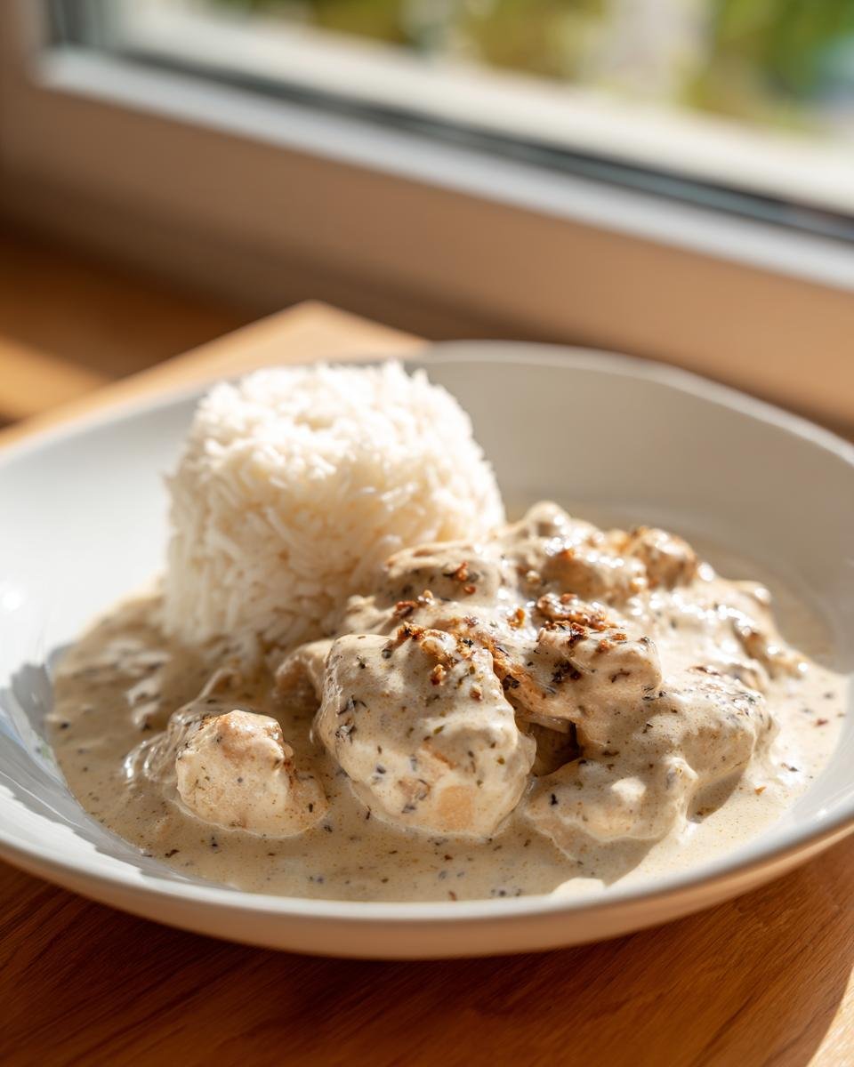 Teller mit Cremiges Hähnchen mit Reis in cremiger Soße, serviert mit einem Reisbällchen.