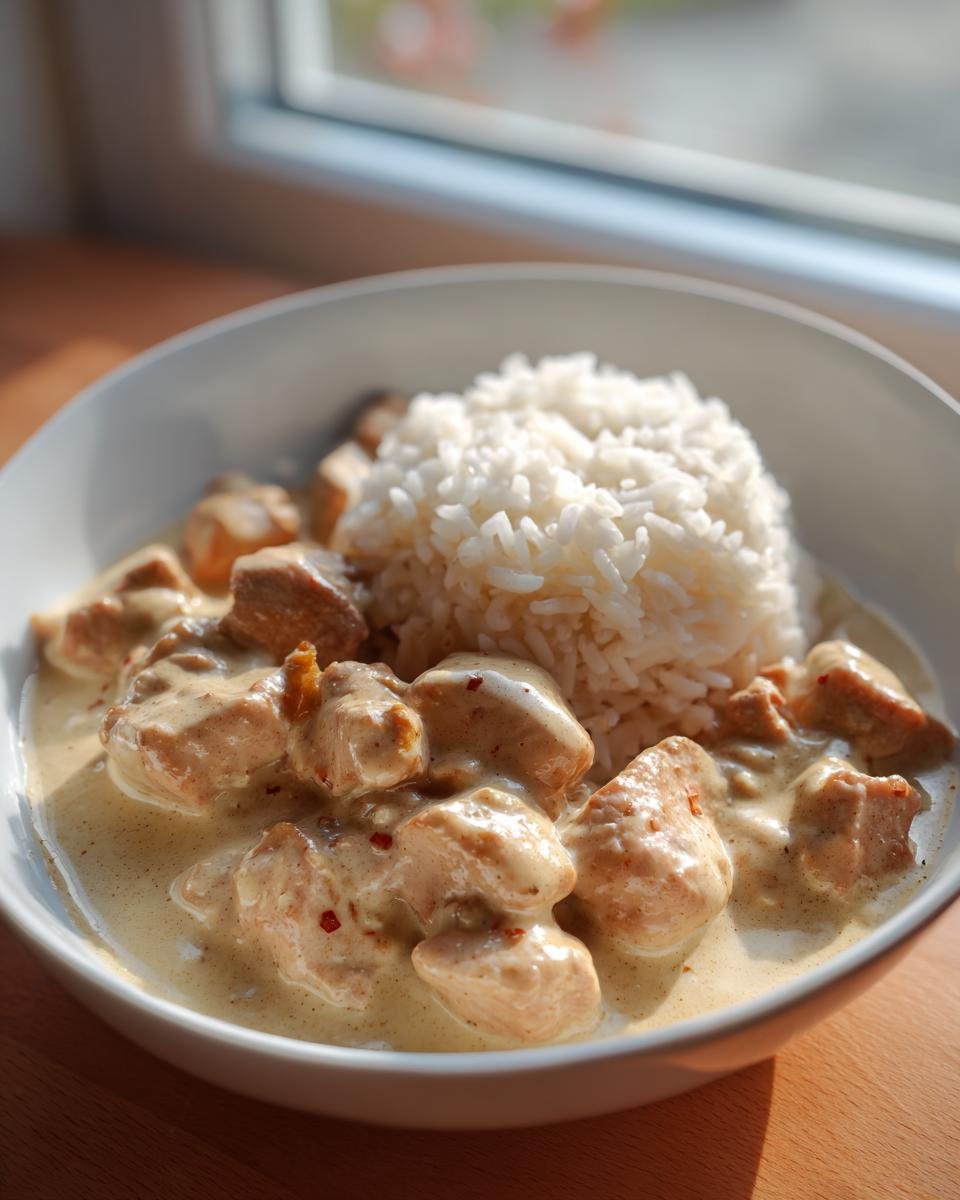 Ein Teller mit Cremiges Hähnchen mit Reis, serviert in einer weißen Schale mit cremiger Soße.