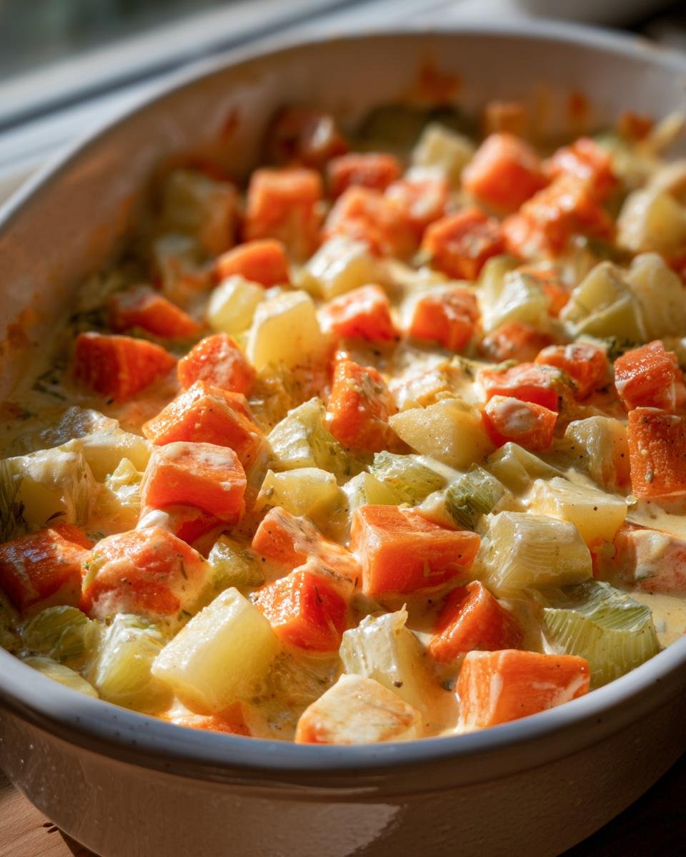 Nahaufnahme von Cremiges Kohlrabi-Möhren-Ofengemüse mit cremiger Sauce in einer weißen Auflaufform.
