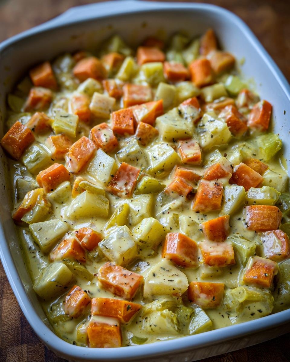 Nahaufnahme von Cremiges Kohlrabi-Möhren-Ofengemüse in einer weißen Auflaufform, bedeckt mit cremiger Sauce.