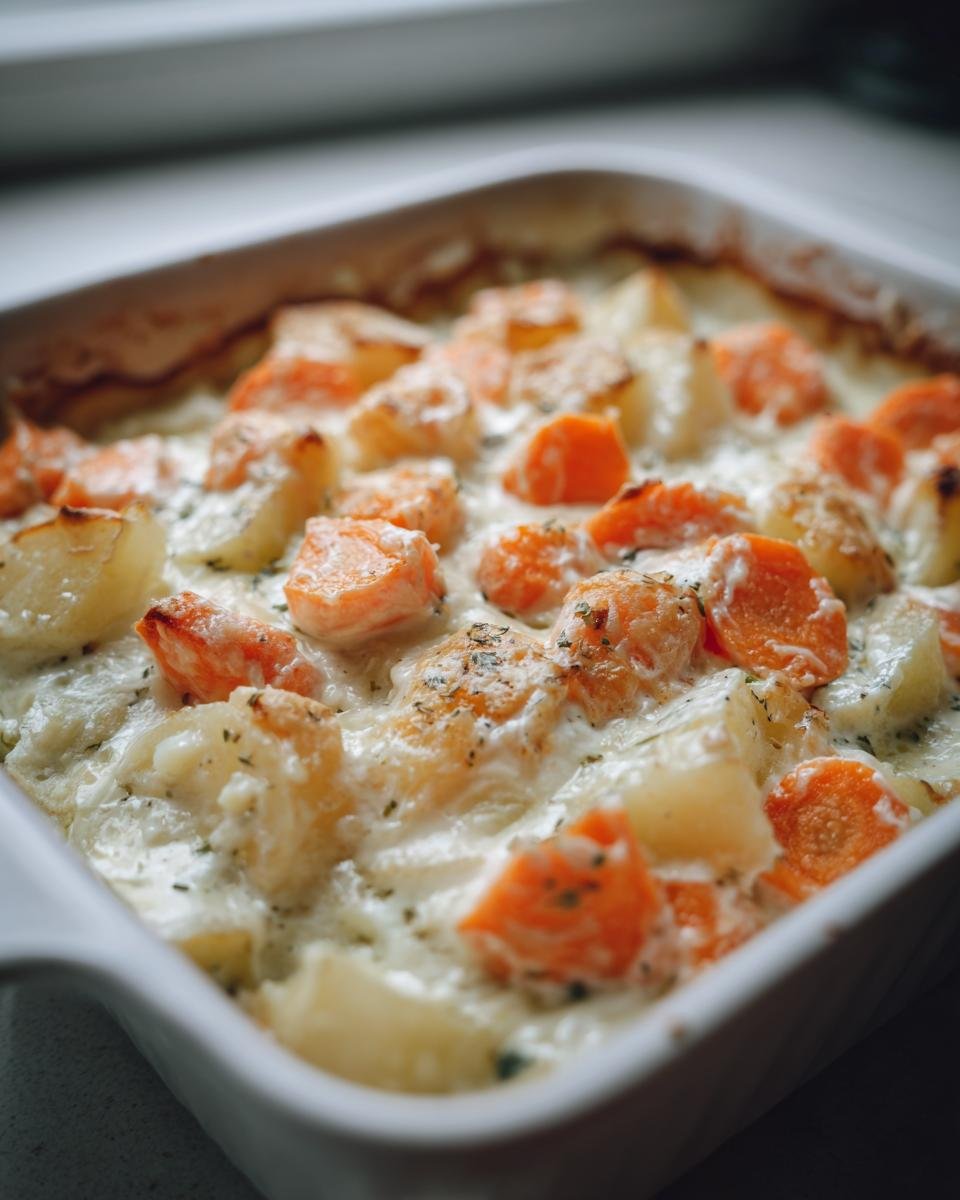 Nahaufnahme von Cremiges Kohlrabi-Möhren-Ofengemüse mit cremiger Soße und Kräutern in einer weißen Auflaufform.