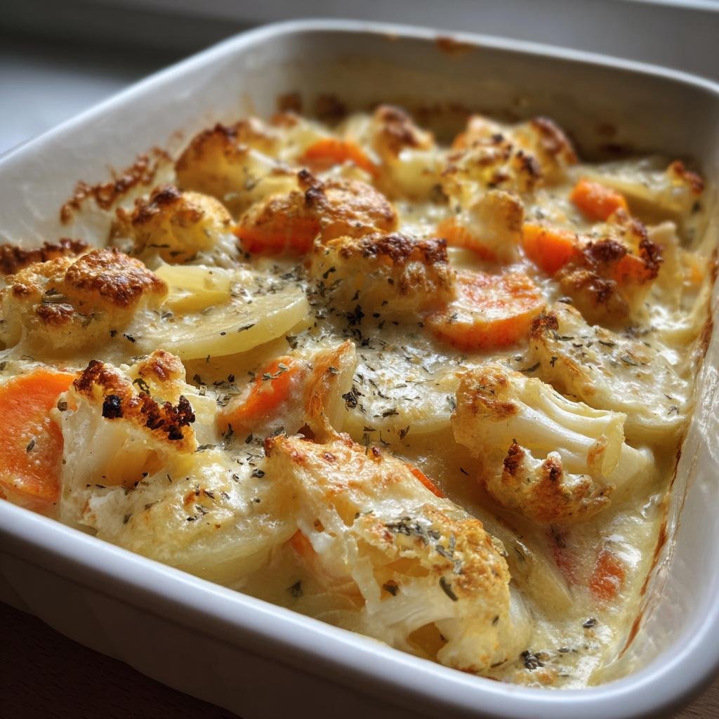 Überbackenes Cremiges Kohlrabi-Möhren-Ofengemüse mit goldbraunen Röschen in einer weißen Auflaufform.