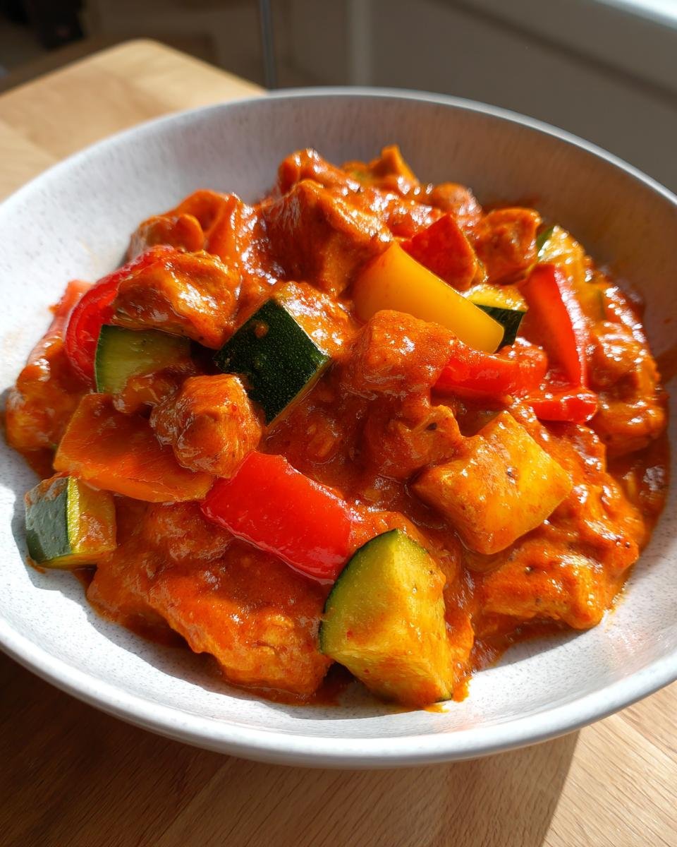 Nahaufnahme von Cremiges Paprika-Zucchini-Hähnchen mit Stücken von Hähnchen, Zucchini und Paprika in einer cremigen, würzigen Sauce.