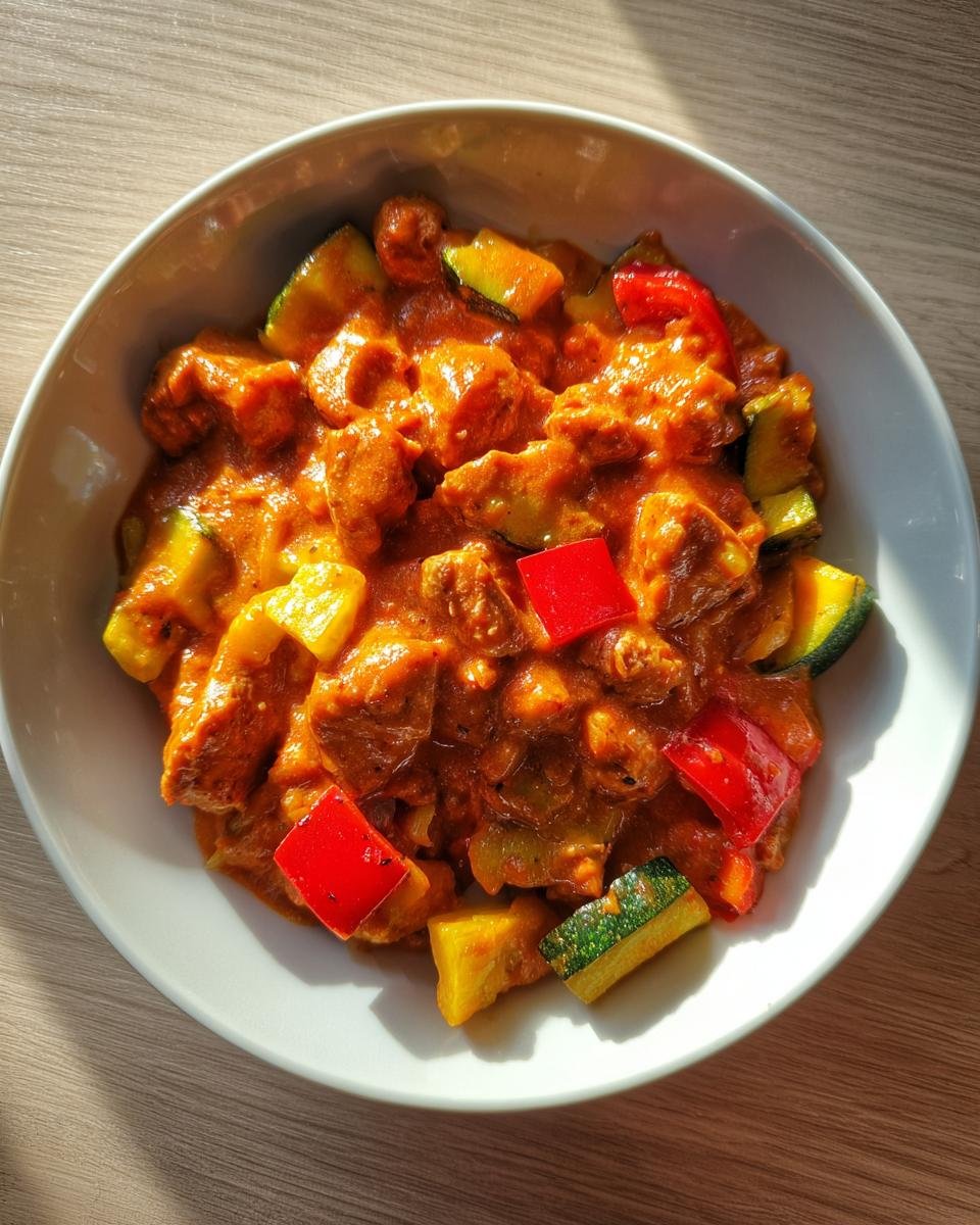 Nahaufnahme von Cremiges Paprika-Zucchini-Hähnchen mit Stücken von roter Paprika und Zucchini in einer cremigen Sauce.