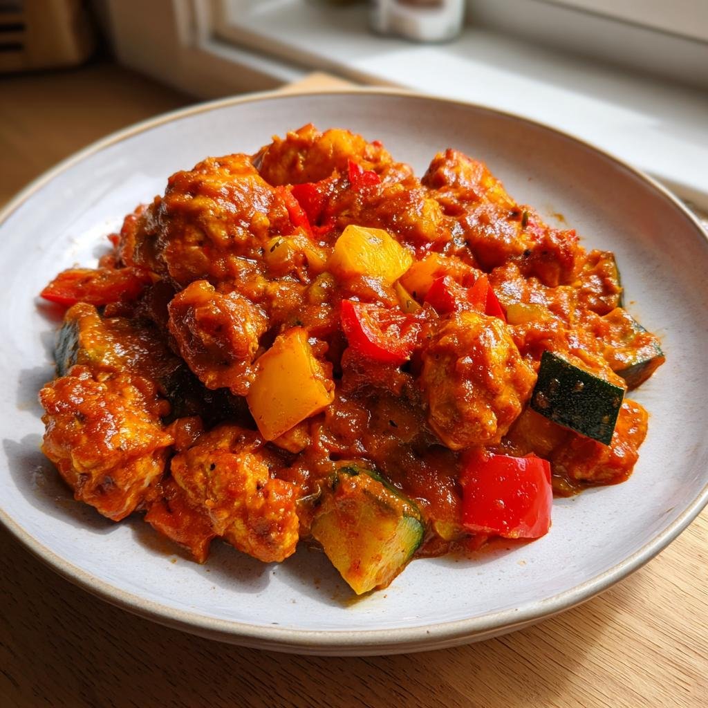 Nahaufnahme von Cremiges Paprika-Zucchini-Hähnchen mit viel cremiger Sauce, Paprika- und Zucchinistücken.