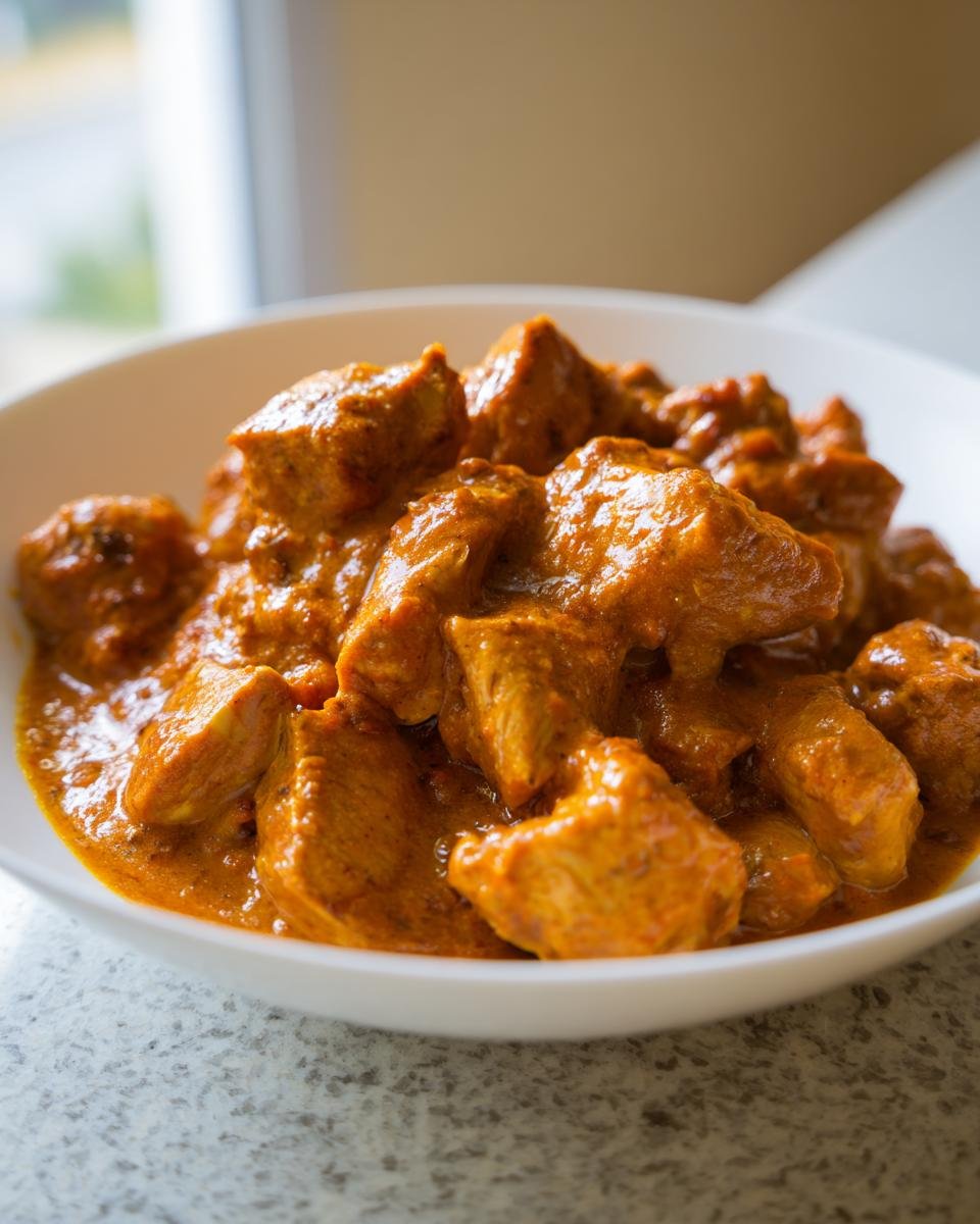 Nahaufnahme von cremigem Putengulasch mit großen Putenstücken in einer cremigen, orangefarbenen Soße in einer weißen Schüssel.