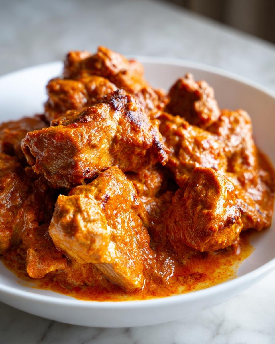 Nahaufnahme von saftigen Stücken Cremiges Putengulasch in einer cremigen, orange-roten Sauce in einer weißen Schale.