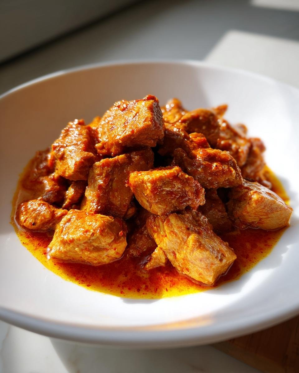 Nahaufnahme von würfeligem, in einer cremigen, orange-roten Sauce gekochtem Cremiges Putengulasch in einer weißen Schüssel.