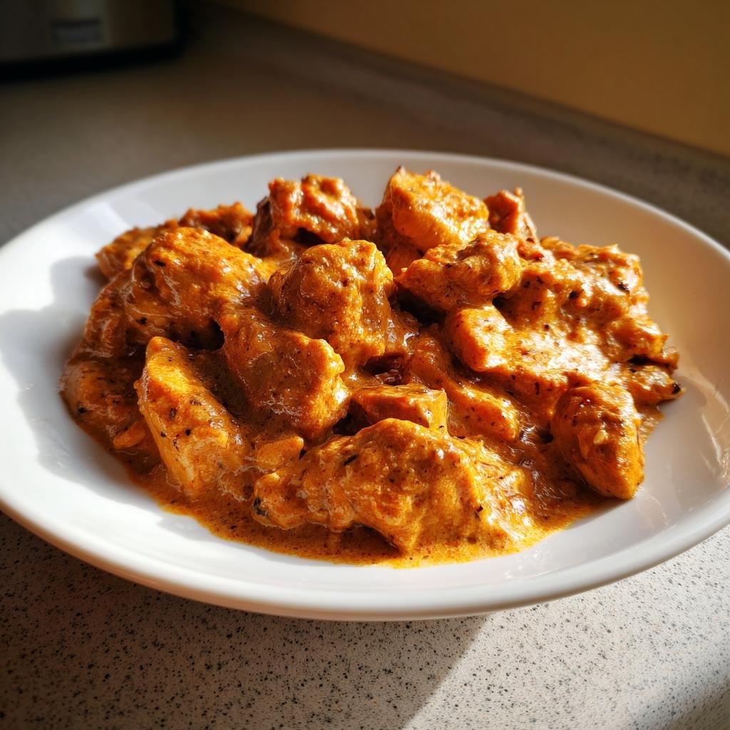 Nahaufnahme von cremigem Putengulasch mit saftigen Putenstücken in einer reichhaltigen, orangefarbenen Sauce auf einem weißen Teller.