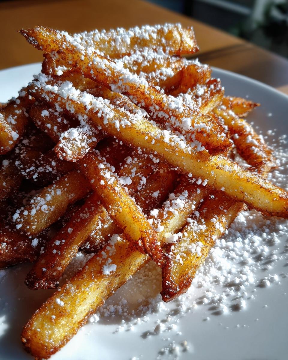 Nahaufnahme von knusprigen Apfel-Pommes, bestäubt mit viel Puderzucker, serviert auf einem weißen Teller.