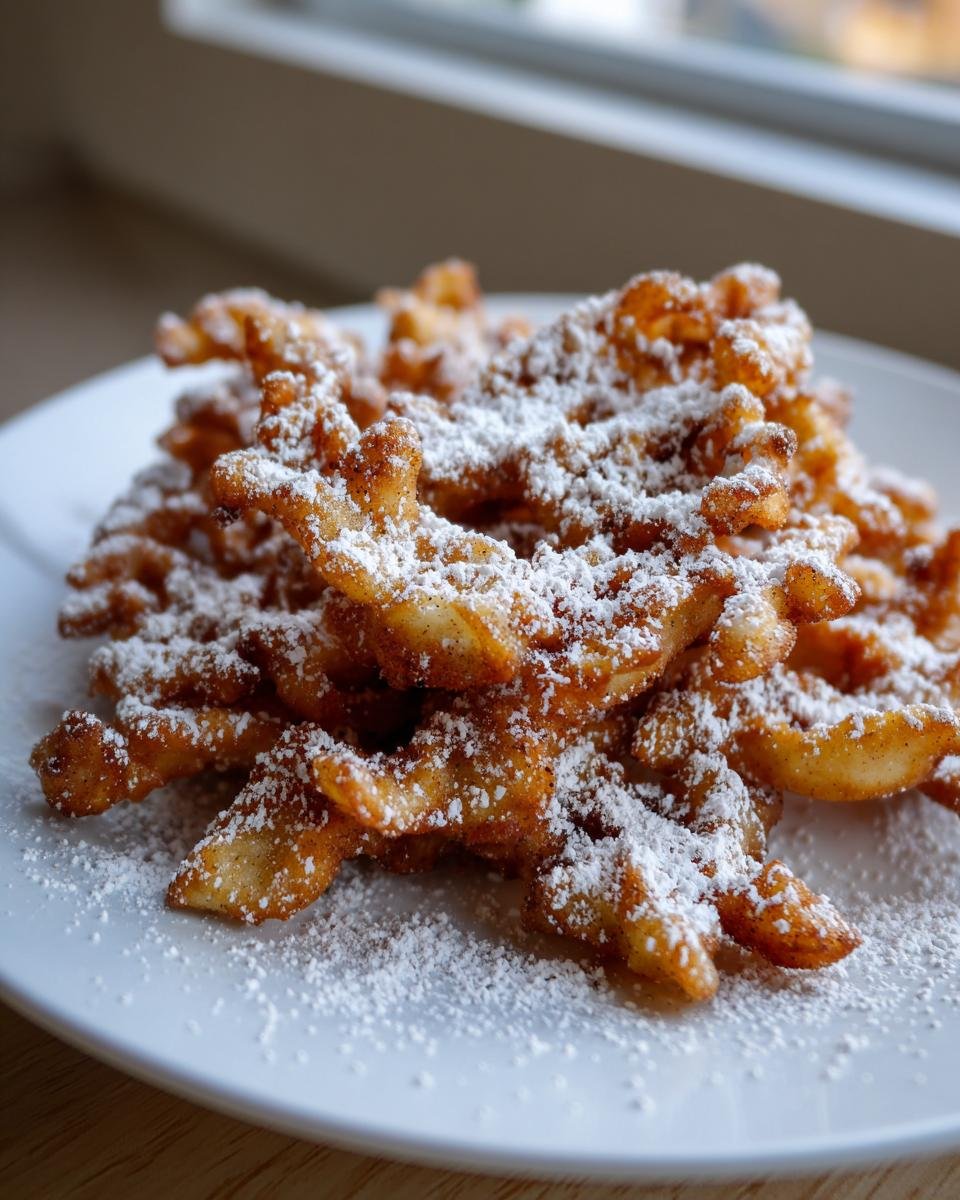 Ein Teller mit knusprigen Apfel-Pommes, großzügig bestäubt mit Puderzucker.