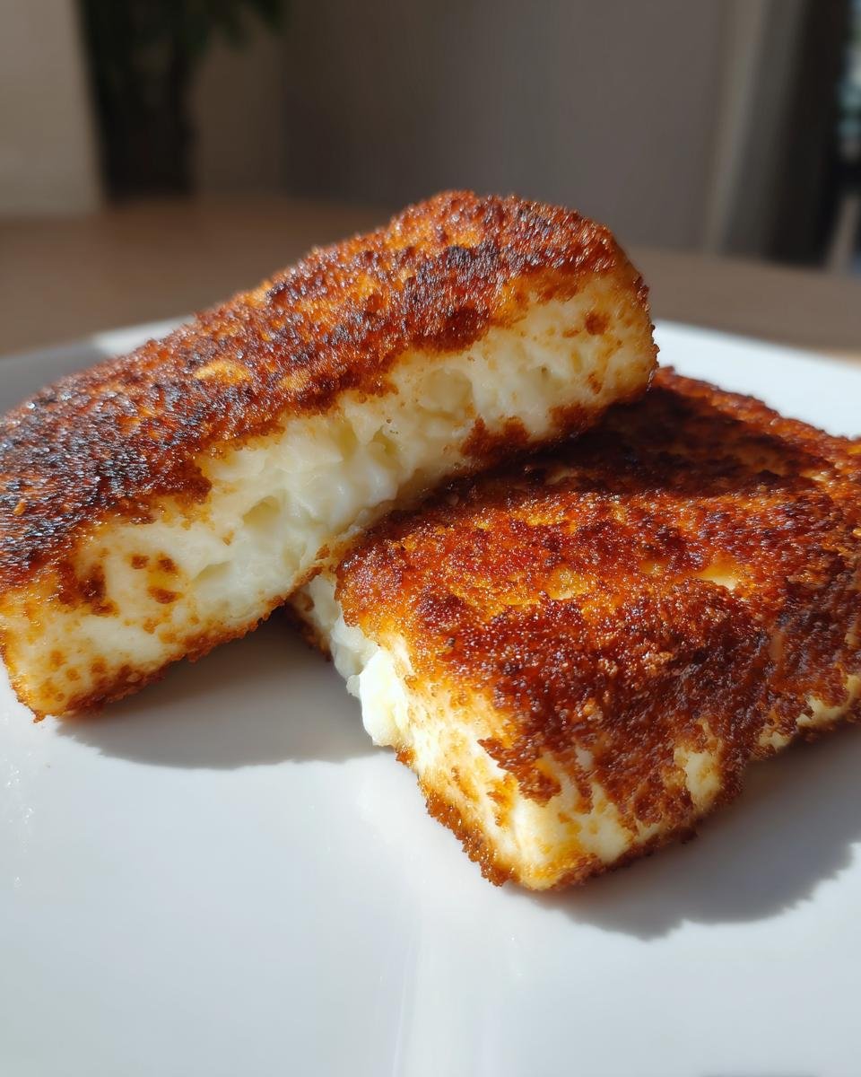 Zwei Stücke von Crispy Feta aus dem Airfryer, außen goldbraun und innen cremig, auf einem weißen Teller.