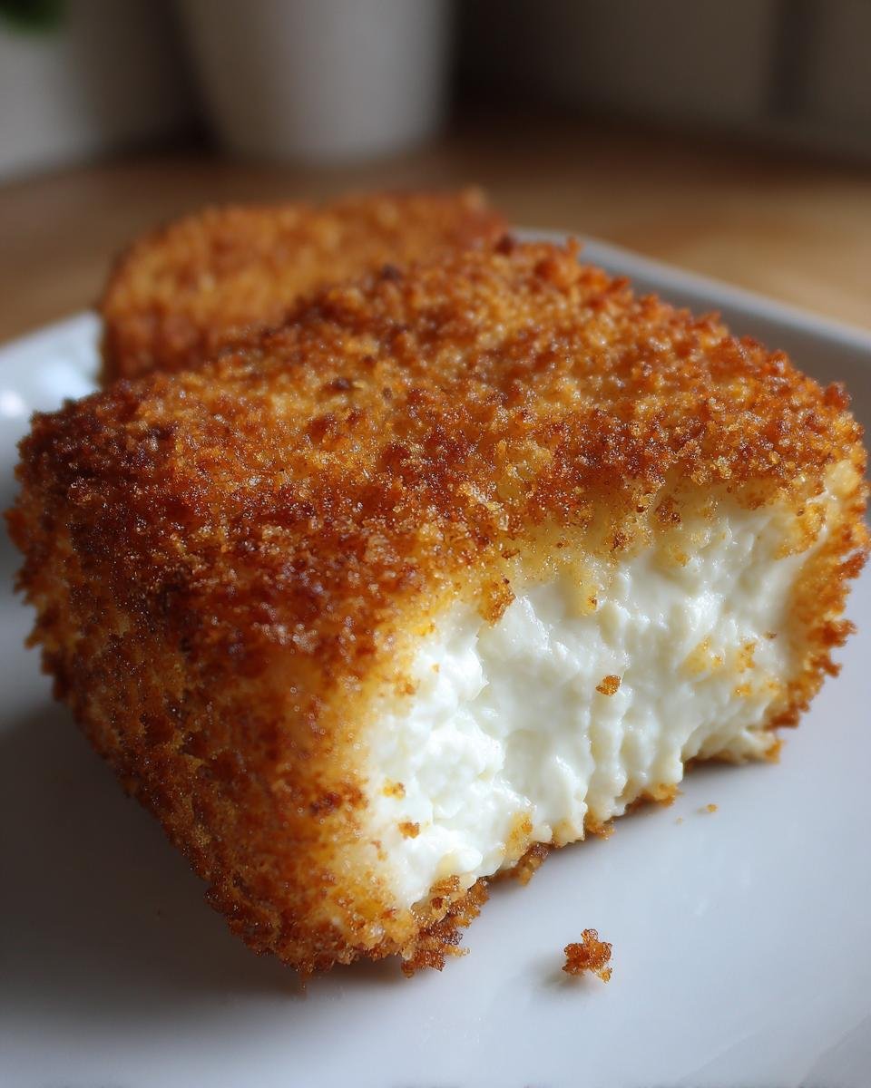 Nahaufnahme von zwei Stücken Crispy Feta aus dem Airfryer mit goldbrauner Panade und weichem, weißem Inneren.