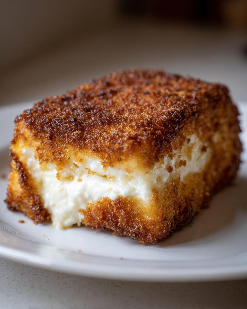 Nahaufnahme von einem Stück Crispy Feta aus dem Airfryer mit goldbrauner Panade und weichem Inneren.