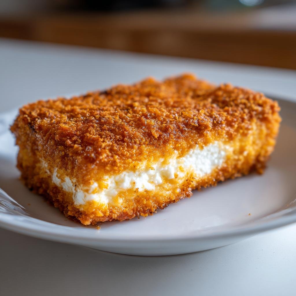 Nahaufnahme eines goldbraun panierten Stücks Crispy Feta aus dem Airfryer mit cremig weißem Kern.
