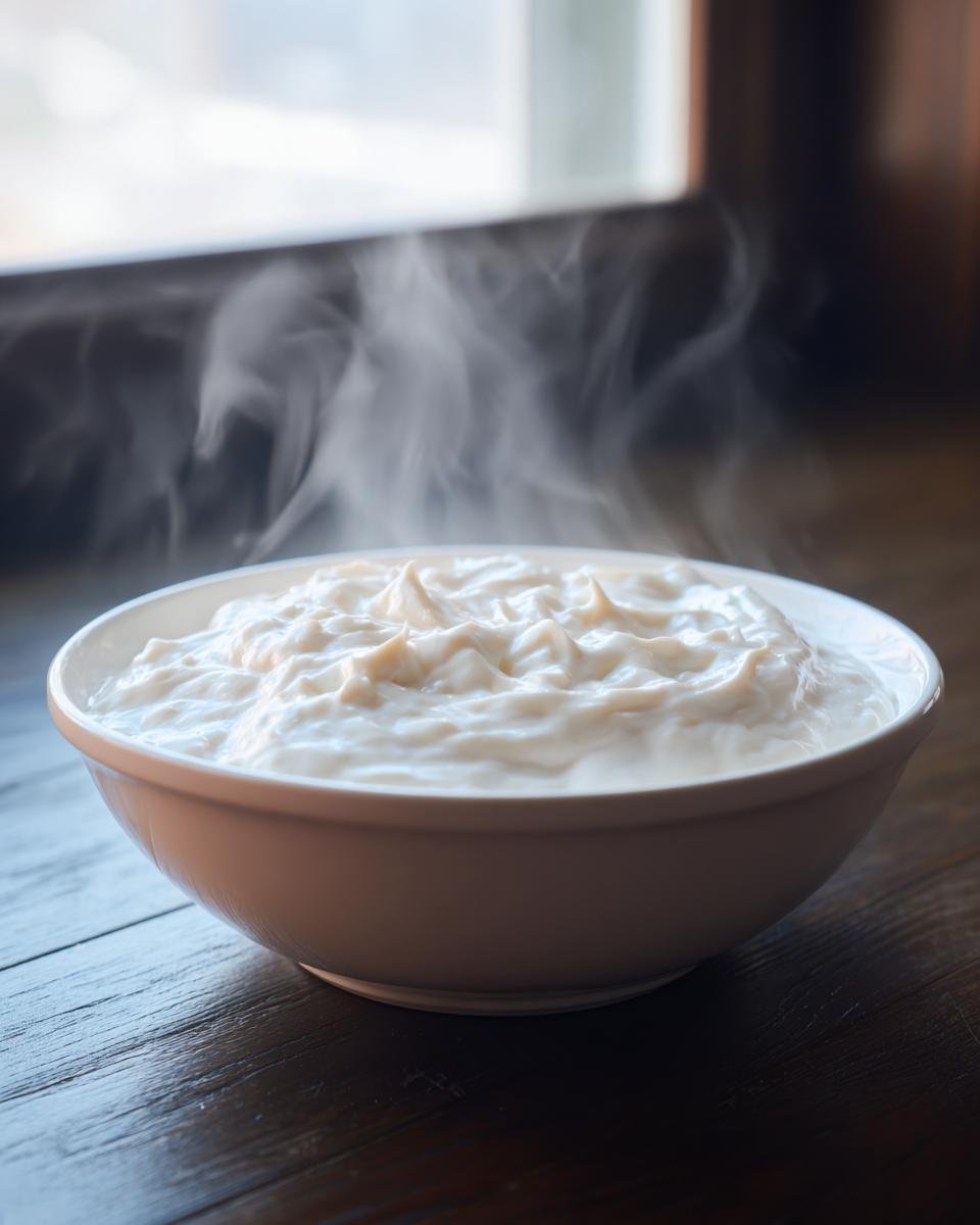 Eine Schüssel mit dampfender, cremiger Bechamelsauce rezept, die auf einem dunklen Holztisch steht.
