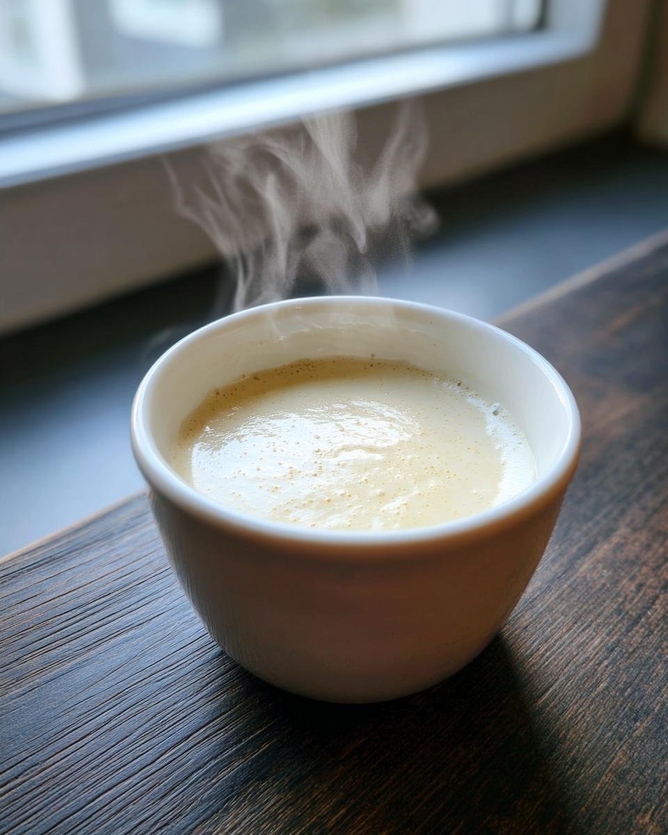 Eine dampfende Tasse mit heller, cremiger Flüssigkeit, die auf einer dunklen Holzoberfläche neben einem Fenster steht.